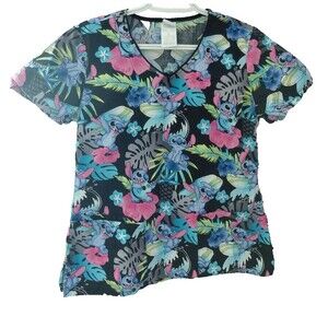 Disney Lilo & Stitch Floral V-Neck Medical Scrub Top Womens Size S